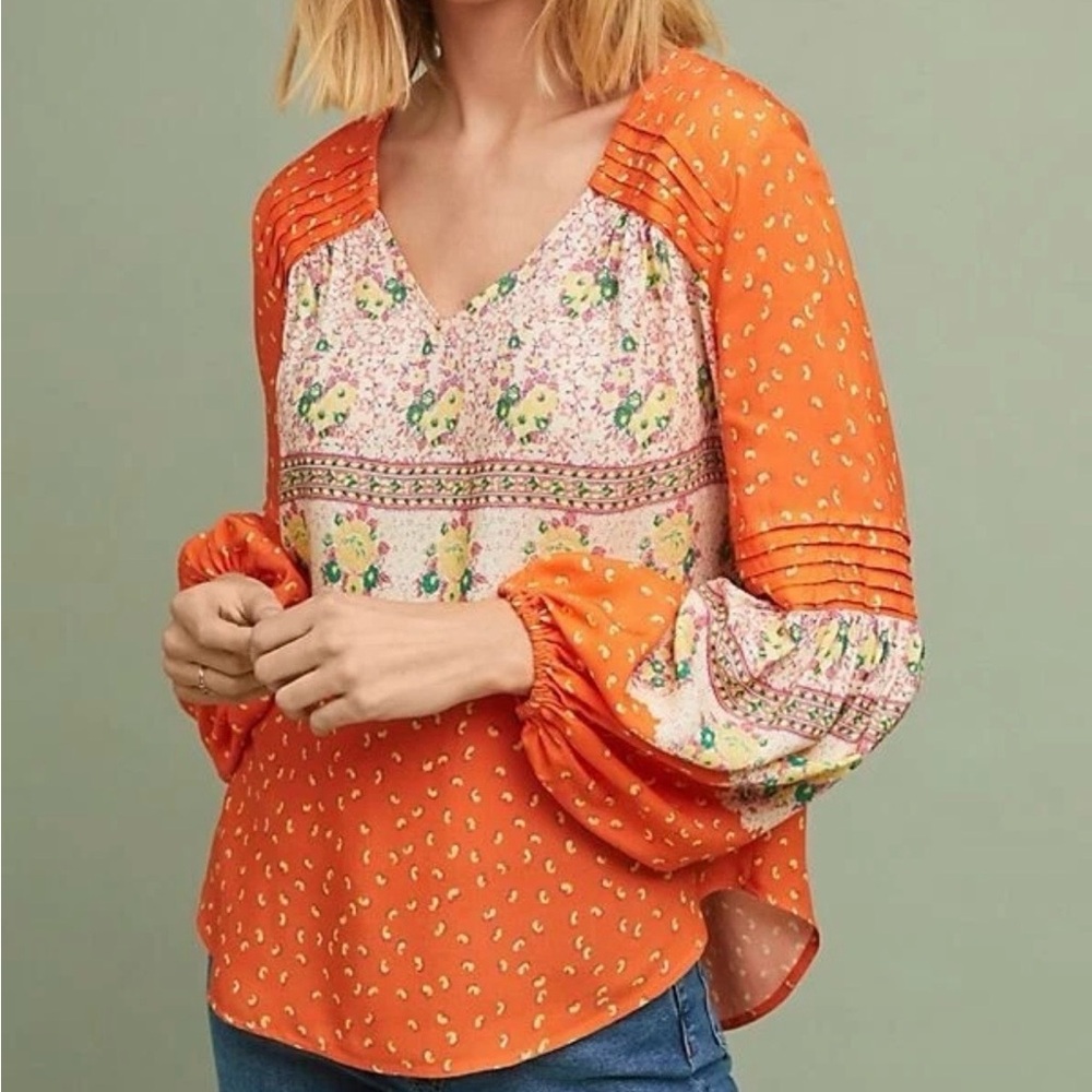 Anthropologie Maeve Ceresco Blouse S Oversized Balloon Sleeve Floral Cottagecore